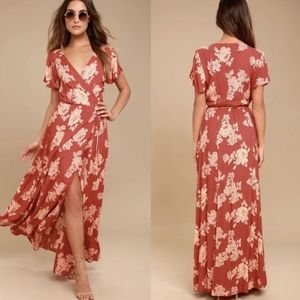 Lulus Heart of Marigold Rust Red Floral Print Wrap Maxi Dress Size XL